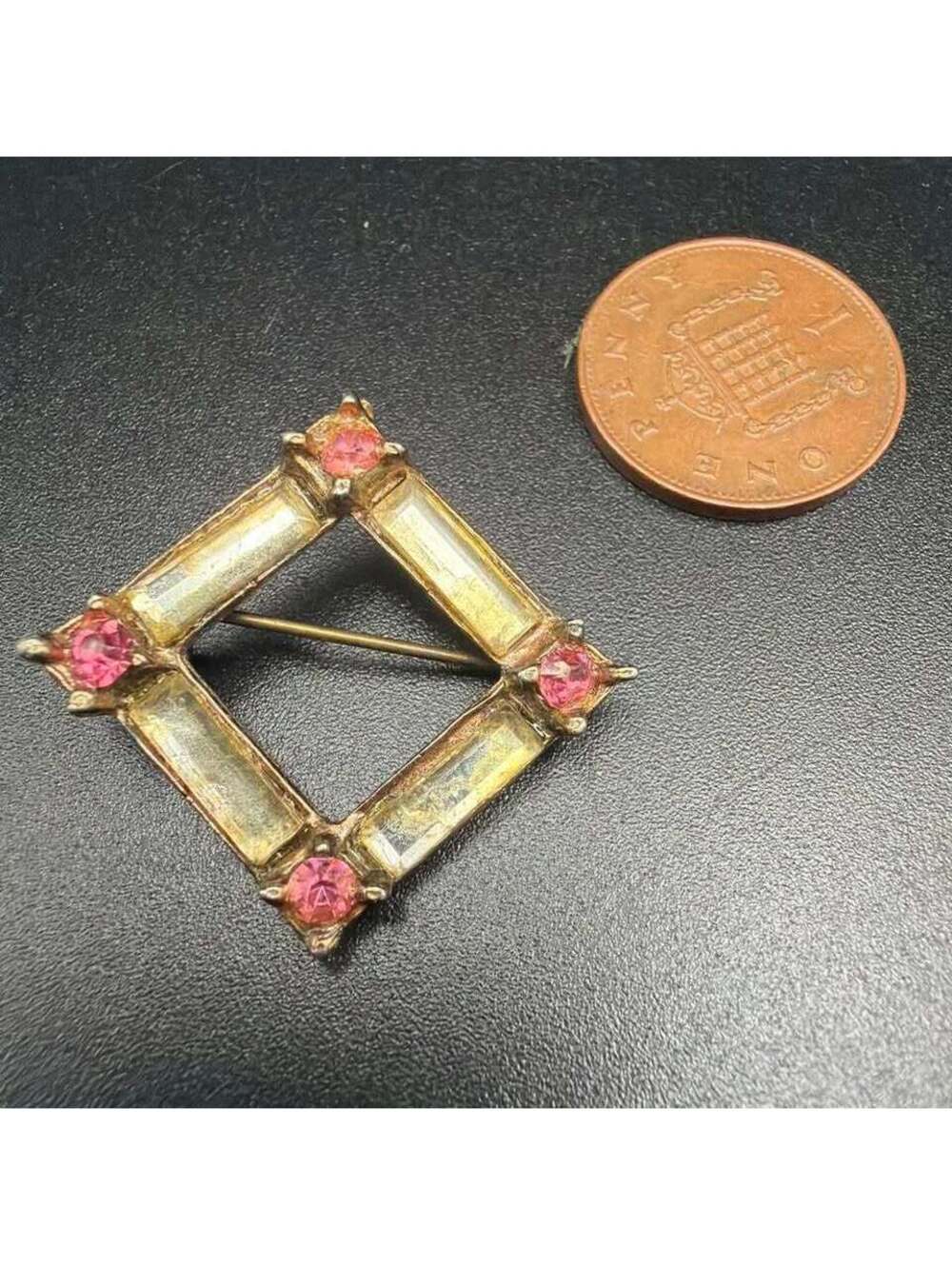 Vintage Square Gold Tone Brooch with Pink and Clear Stones